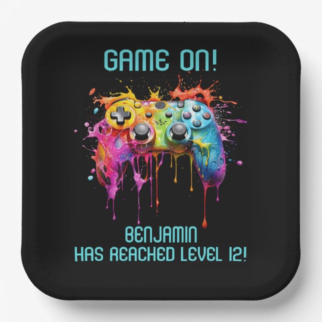 Assiettes En Carton Jeu vidéo Turquoise du gamer garçon (Recto)