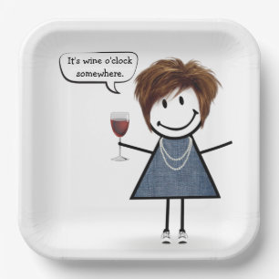 Assiettes En Carton Jeune Femme de Fête au Vin Rouge