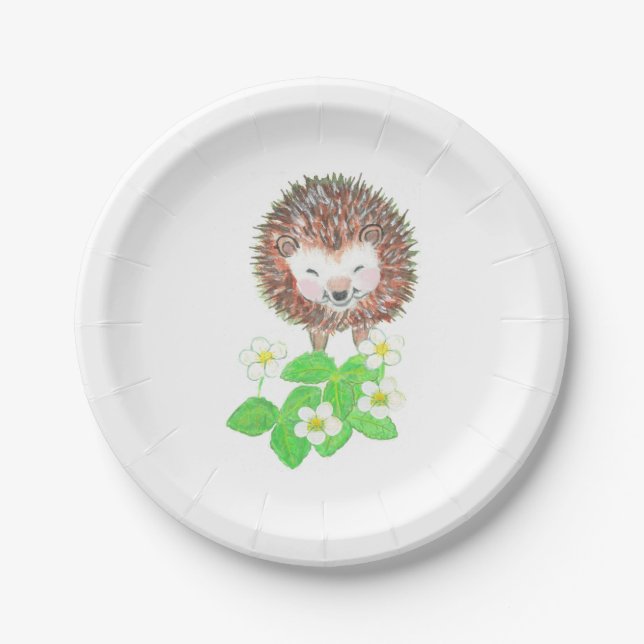 Assiettes En Carton Jeune Hérisson et Fleurs de fraises sauvages (Devant)