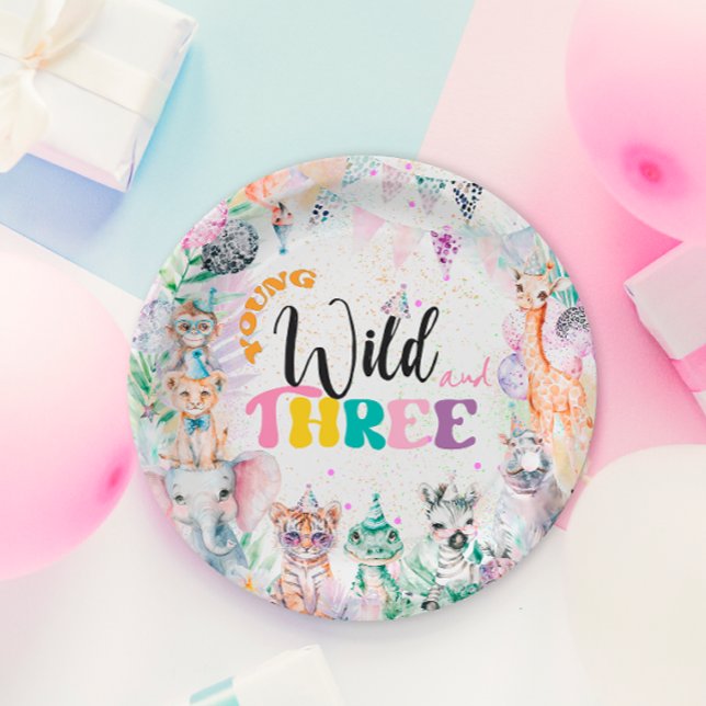 Assiettes En Carton Jeune sauvage et trois animaux Safari Fille Annive (Créateur téléchargé)