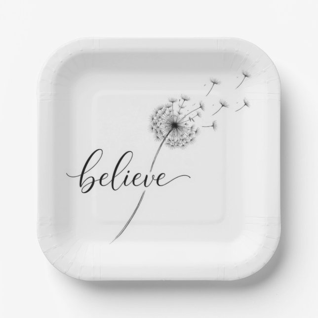 Assiettes En Carton Jeunes pousses de pissenlit avec texte Croire (Recto)