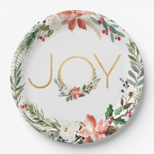 Assiettes En Carton Joie Watercolor Floral Wreath avec or Noël