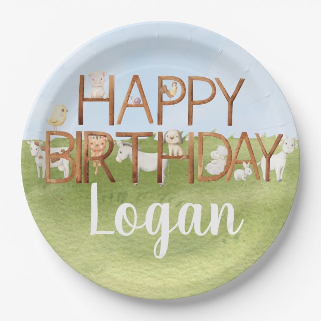 Assiettes En Carton Joli anniversaire d'animal de ferme (Devant)