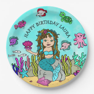 Assiettes En Carton Joli Anniversaire Personnalisé de Sirène Turquoise