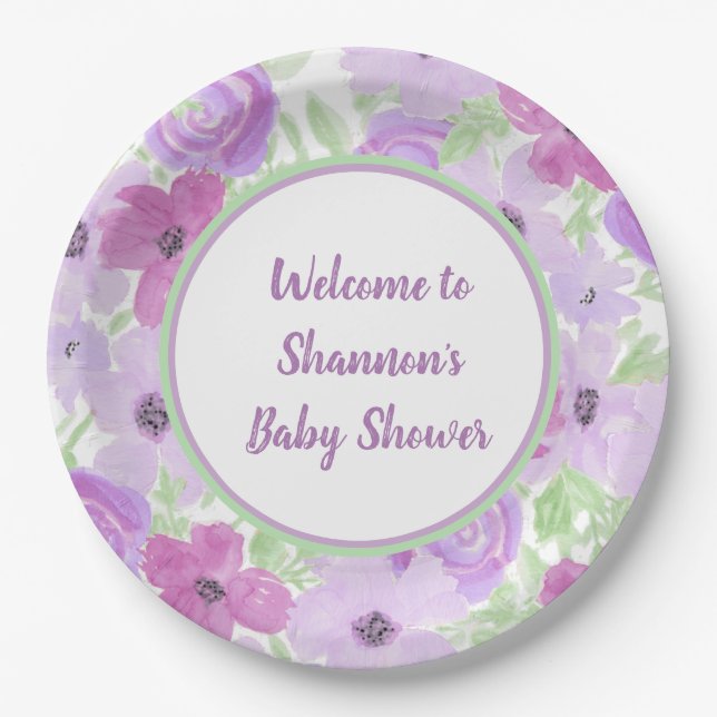 Assiettes En Carton Joli Baby shower d'aquarelle violet (Devant)