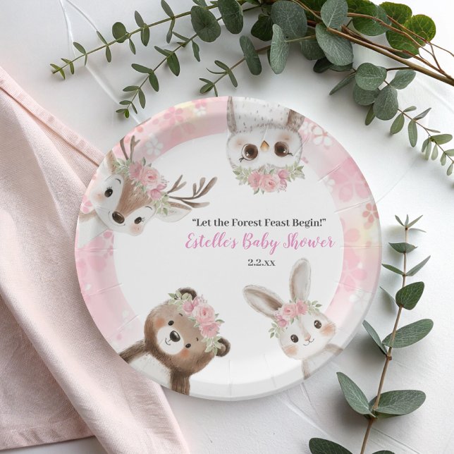 Assiettes En Carton Joli Baby shower Fille Bois Rose à fleurs (Créateur téléchargé)