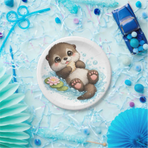 Assiettes En Carton Joli bébé loutre fête d'anniversaire flottante en