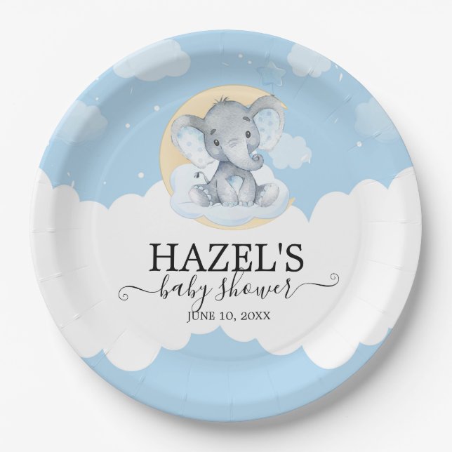 Assiettes En Carton Joli Blue Elephant Boy Petit Baby shower d'arachid (Devant)