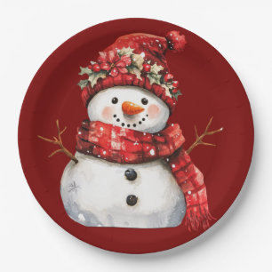 Assiettes En Carton Joli bonhomme de neige rouge de Noël 