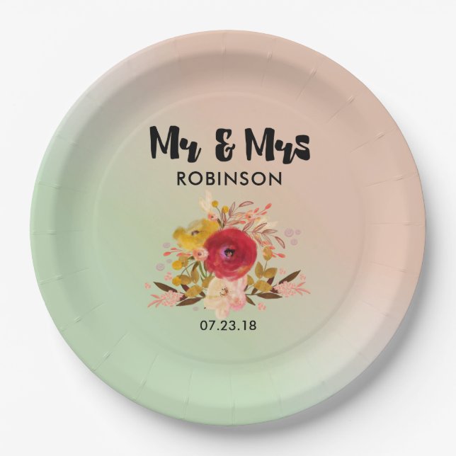 Assiettes En Carton Joli bouquet floral Mariage M & Mme (Devant)