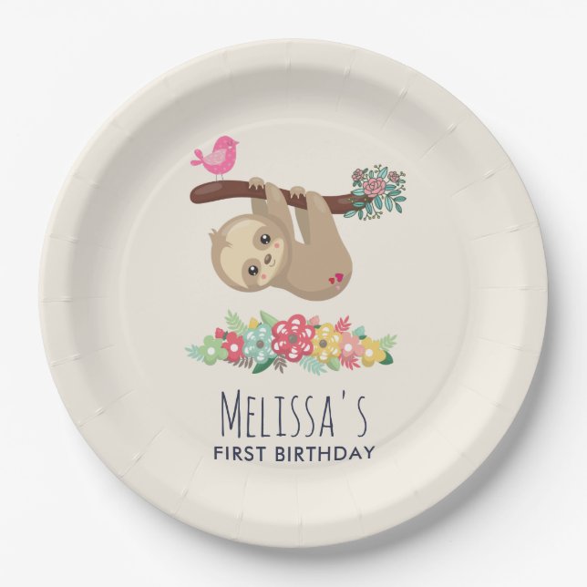 Assiettes En Carton Joli Brown Sloth penché à l'envers à l'anniversair (Devant)