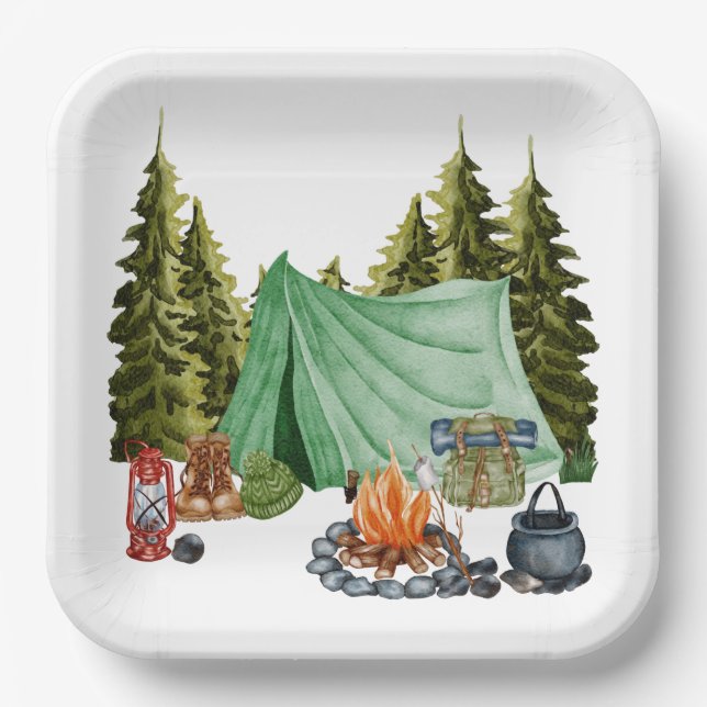 Assiettes En Carton Joli Camping Thème Feu de Campement, Tente, Forêt (Recto)