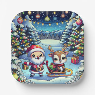 Assiettes En Carton Joli Cartoon Père Noël et Reindeer Noël