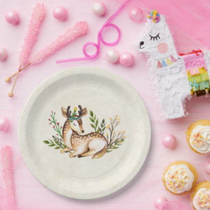 Assiettes En Carton Joli Cerf Aquarellé Posé En Bas Boho