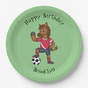 Assiettes En Carton Joli cheval drôle jouant dessin de football