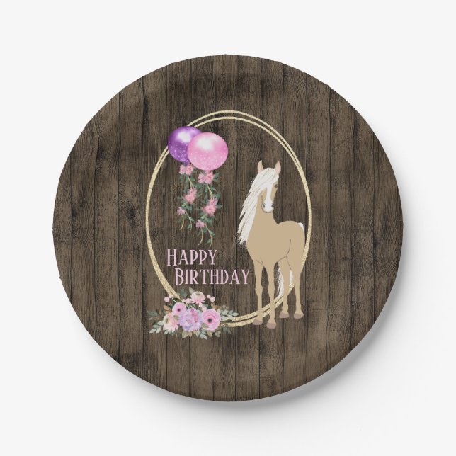 Assiettes En Carton Joli Cheval et Fleurs sur Barnwood Anniversaire (Devant)