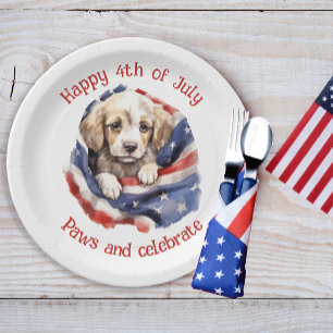 Assiettes En Carton Joli chiot drapeau américain rouge blanc bleu Joye