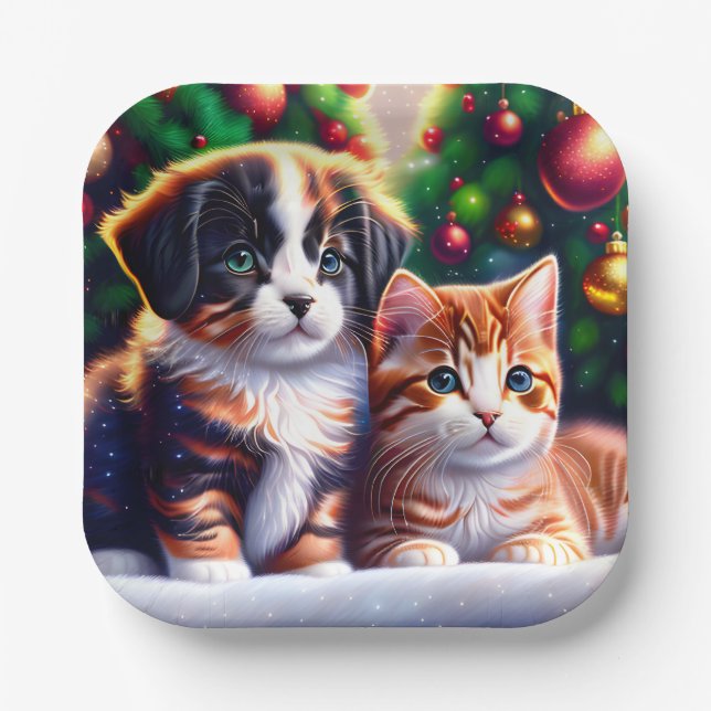 Assiettes En Carton Joli chiot et chat sous l'arbre de Noël (Recto)