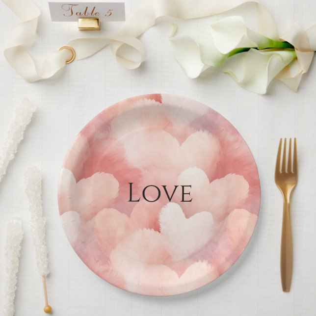 Assiettes En Carton Joli Coeur rose et blanc Aimer (Mariage)