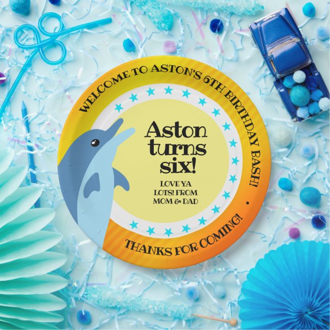 Assiettes En Carton Joli dauphin d'anniversaire au soleil (Fête)