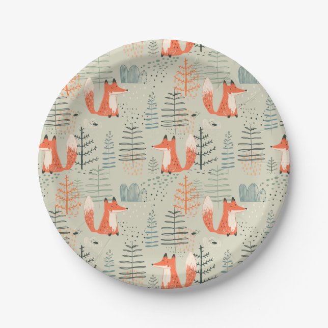 Assiettes En Carton Joli Doodle Fox Forest Motif de bois (Devant)