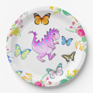 Assiettes En Carton Joli dragon rose et fleurs