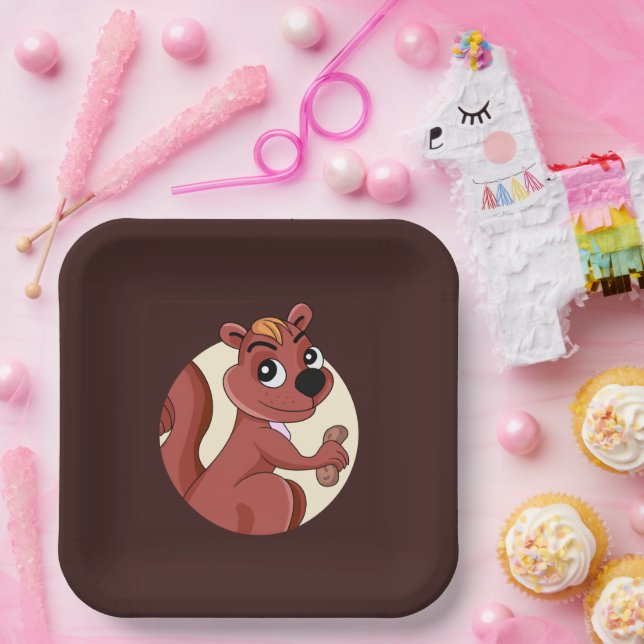 Assiettes En Carton Joli écureuil en caricature avec une cacahuète (Fête)