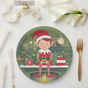 Assiettes En Carton Joli elfe de Noël sur étagère Plaque de papier ron