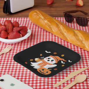 Assiettes En Carton Joli fantôme buvant un café glacé Halloween