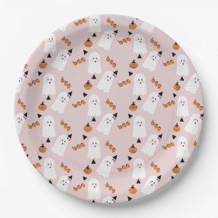 Assiettes En Carton Joli fantôme d'Halloween orangé confetti rose