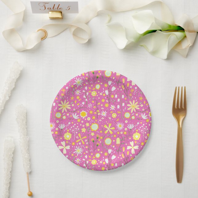 Assiettes En Carton Joli Fleur sauvage botanique rose Floral (Mariage)