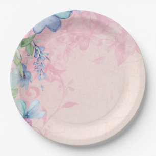 Assiettes En Carton Joli Fleurs sauvages floraux rose et bleu