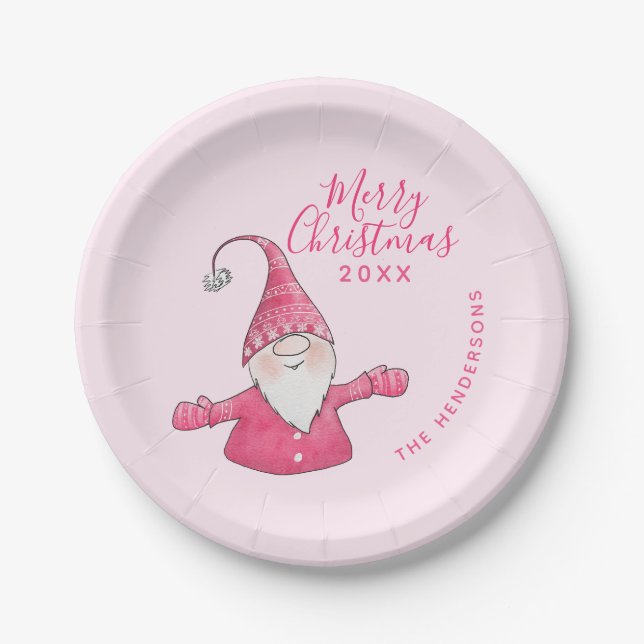 Assiettes En Carton Joli Gnome rose Personnalisé Joyeux Noël (Devant)