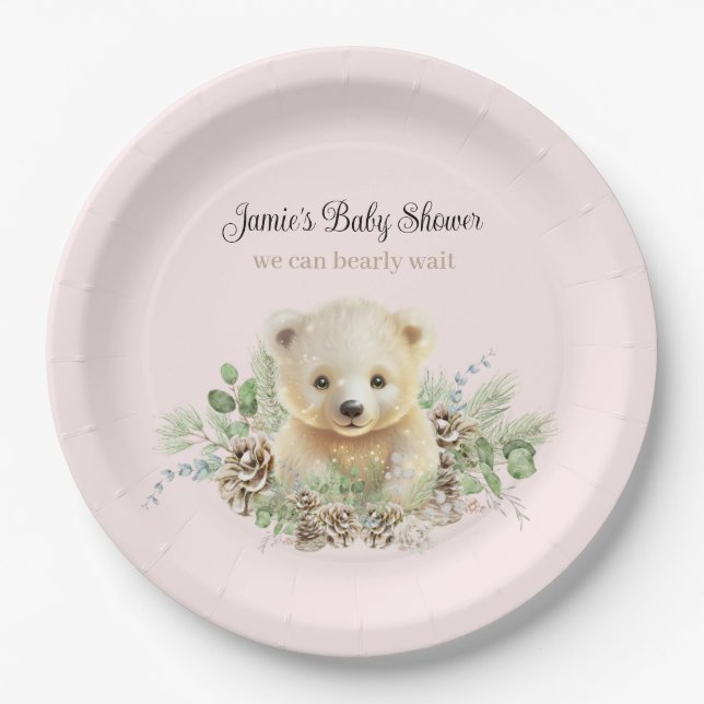 Assiettes En Carton Joli Hiver Ours Polaire Rose Baby shower fille (Devant)