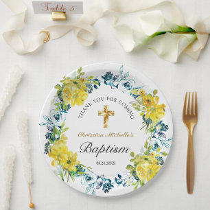 Assiettes En Carton Joli Jaune Floral Gold Cross Baptism Réception