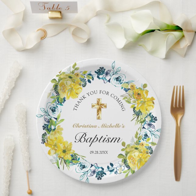 Assiettes En Carton Joli Jaune Floral Gold Cross Baptism Réception (Mariage)