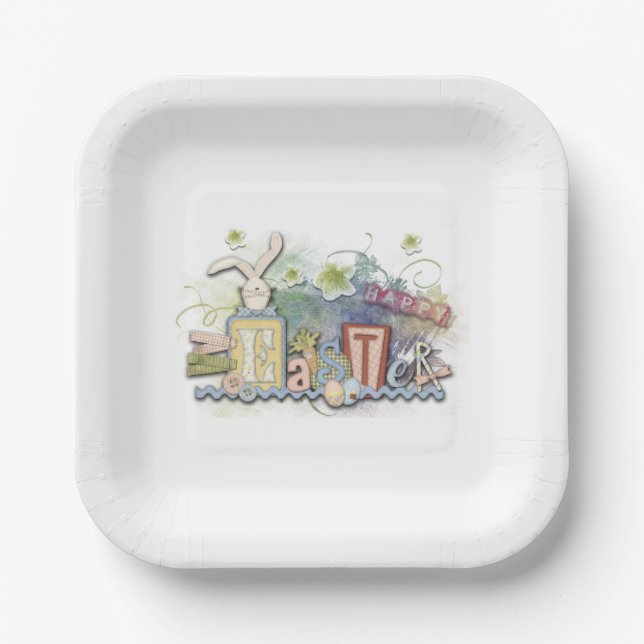 Assiettes En Carton Joli lapin de Pâques coloré (Recto)