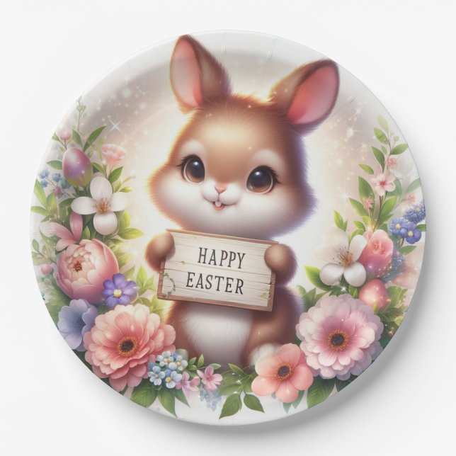 Assiettes En Carton Joli lapin de Pâques tenant un signe de Pâques (Devant)