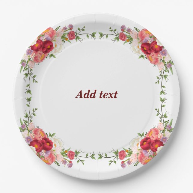 Assiettes En Carton Joli Modèle De Cadre Fleur, Personnalisable, (Devant)