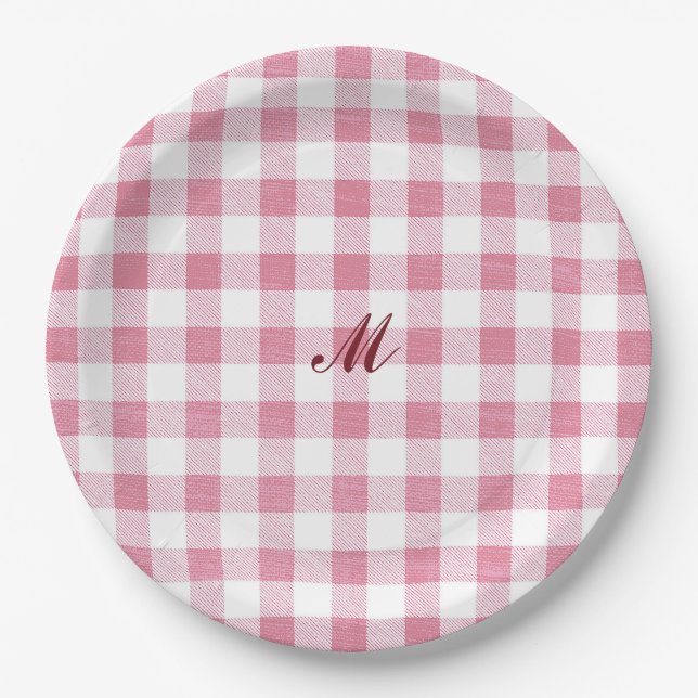 Assiettes En Carton Joli monogramme à carreaux rose gingembre (Devant)