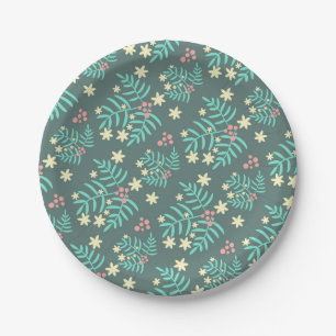 Assiettes En Carton Joli motif bleu de feuilles et de baies botaniques