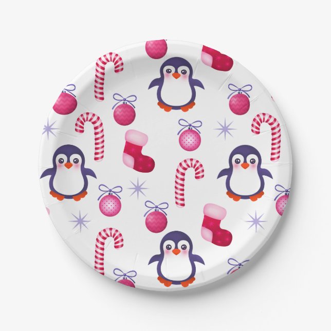 Assiettes En Carton Joli Motif de Noël rose et blanc avec des pingouin (Devant)