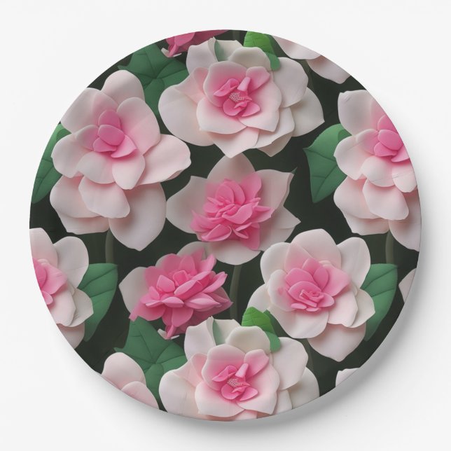 Assiettes En Carton Joli motif fleuri rose boho (Devant)