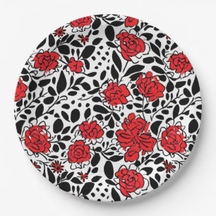 Assiettes En Carton Joli motif floral en rouge, noir et blanc