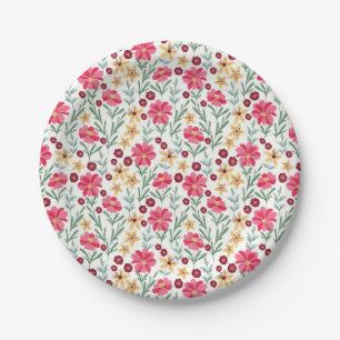 Assiettes En Carton Joli motif floral vintage rose et jaune