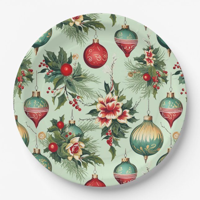 Assiettes En Carton Joli Noël Rétro, Noël Floral (Devant)