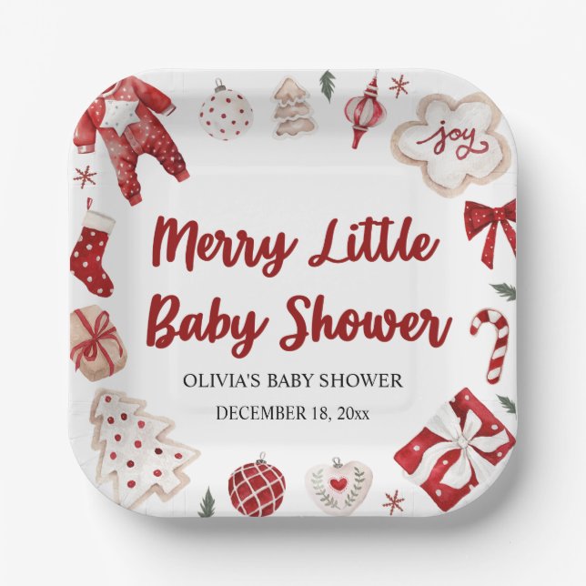 Assiettes En Carton Joli Noël Rouge hiver Joyeux Petit Baby shower (Recto)