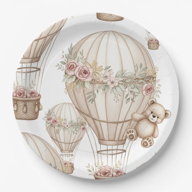 Assiettes En Carton Joli ours en peluche montgolfière motif neutre 3 (Devant)