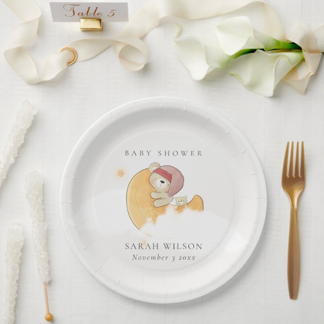 Assiettes En Carton Joli Ours Rose Sleepy Sur Lune Fille Baby shower (Mariage)