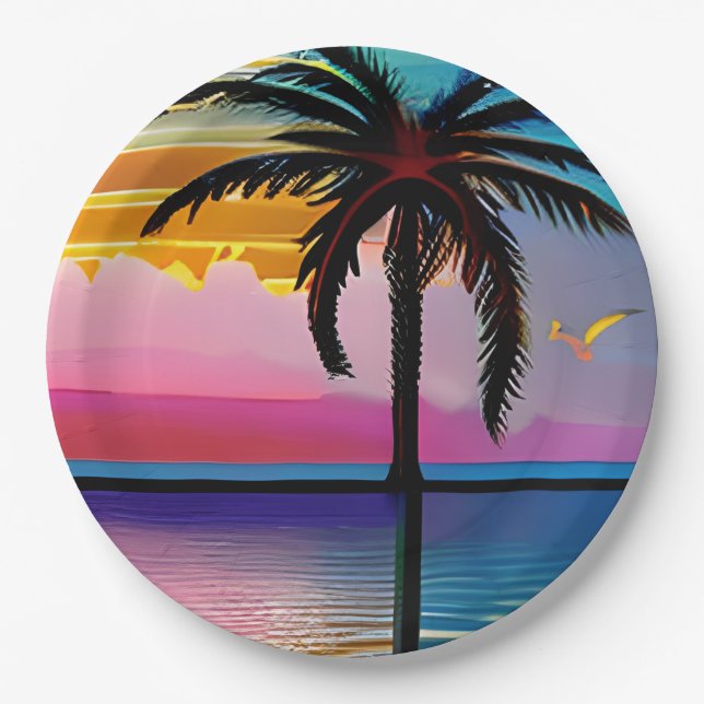 Assiettes En Carton Joli palmier tropical et coucher de soleil violet (Devant)
